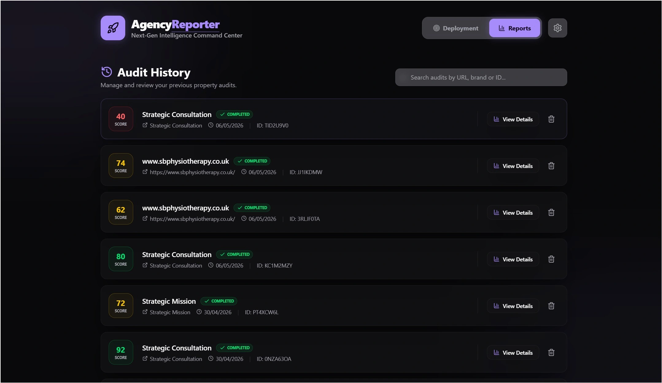 Agency Reporter audit history dashboard showing automotive sector client analysis